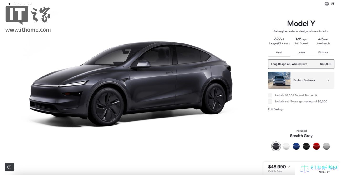 特斯拉在美国市场推出焕新款 Model Y 长续航全轮驱动版本，定价 48990 美元