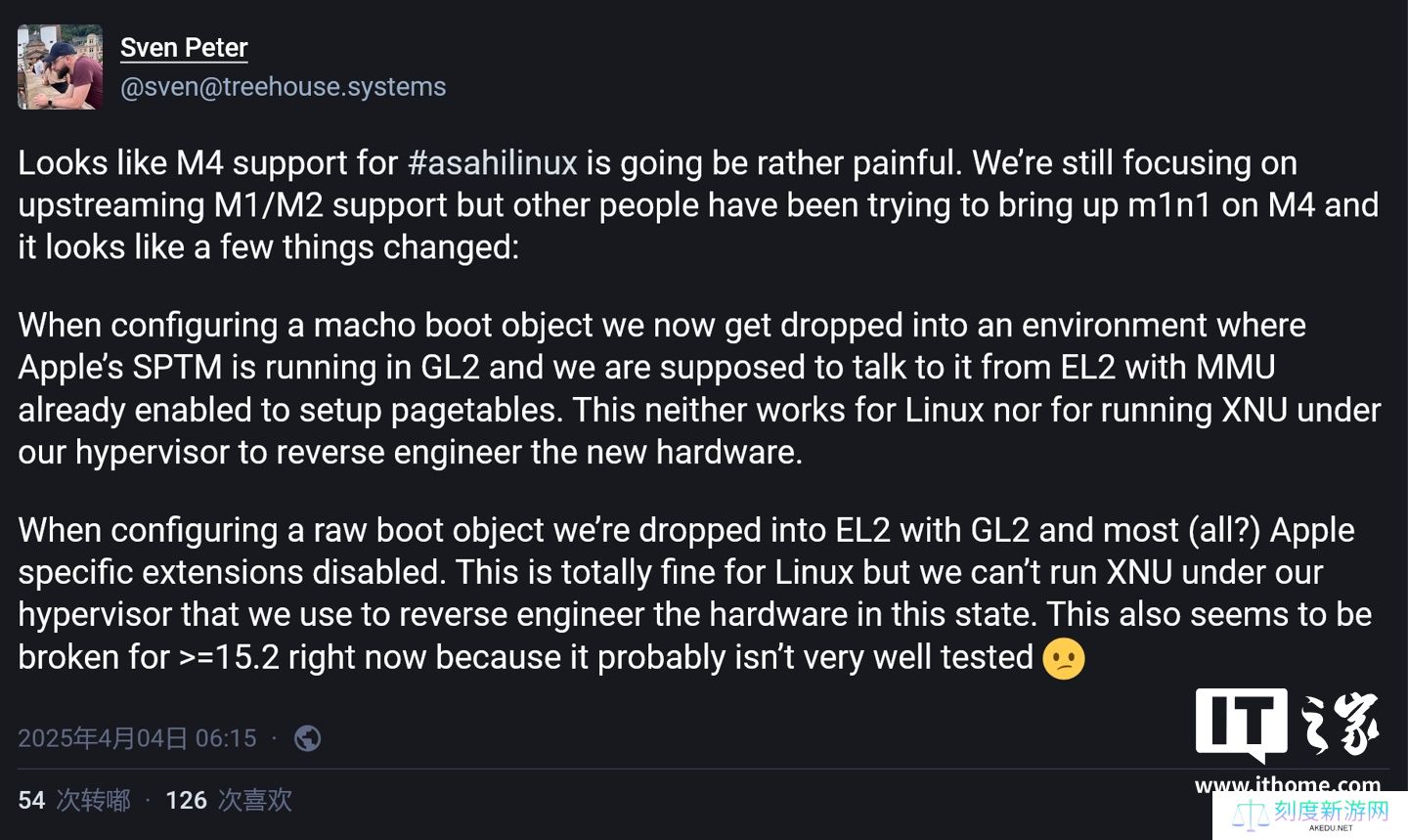 Asahi Linux 项目遇阻：M4 Mac 支持进展缓慢