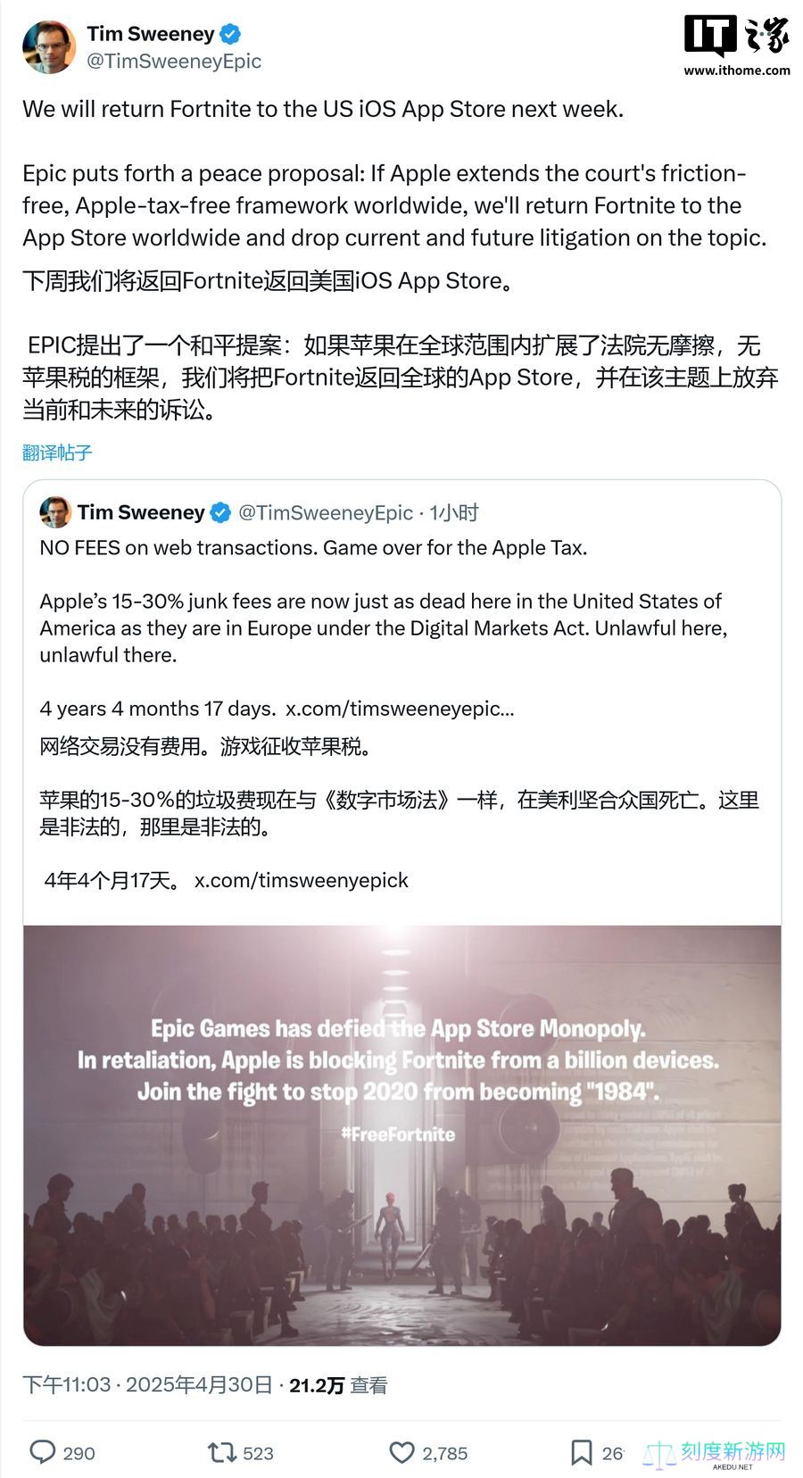 “苹果税”风云再变：外部支付抽佣 27% 被判违令，《堡垒之夜》游戏下周重返 App Store
