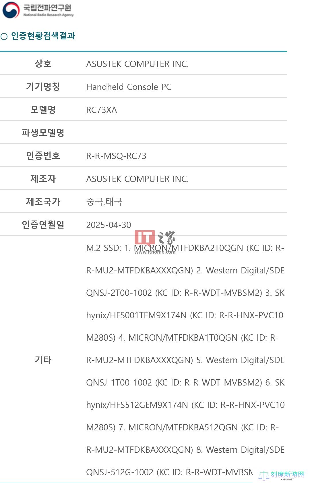 华硕 "RC73XA" 掌机通过韩国 RRA 认证，预计为 ROG Ally 迭代款