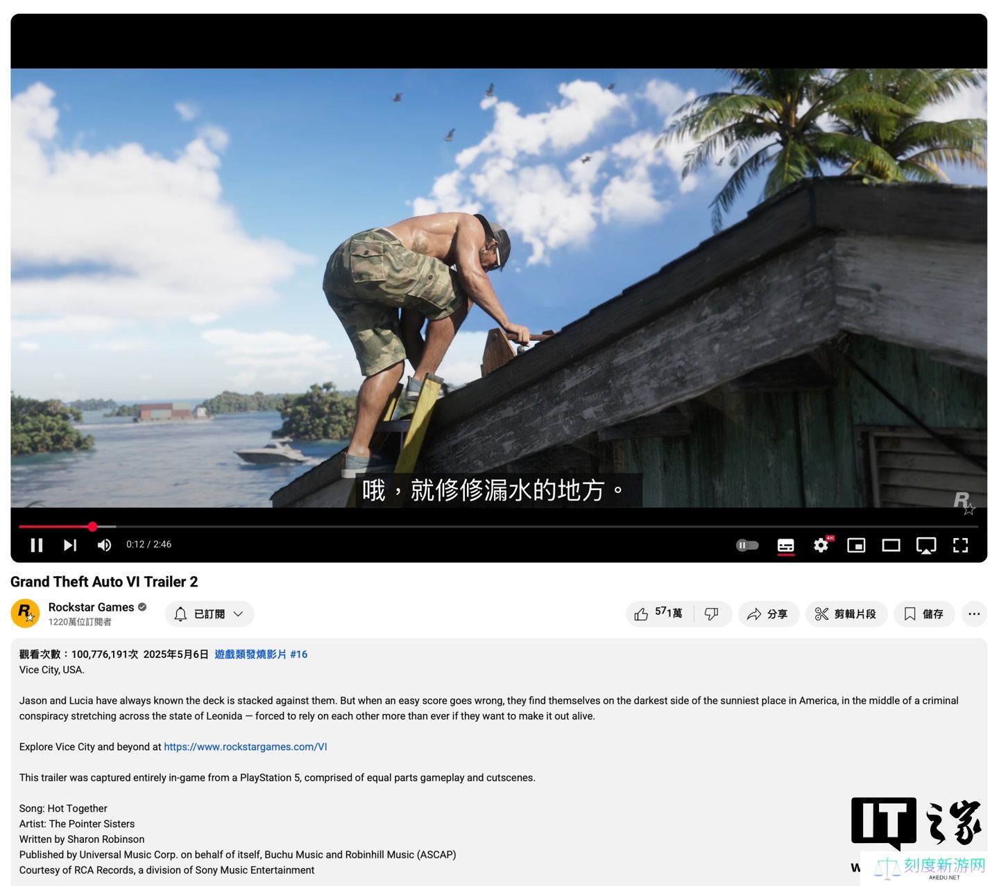 用时 5 天：R 星《GTA6》第二支宣传片播放量在 YouTube 平台突破 1 亿次